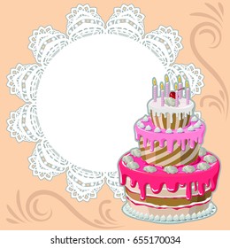 Happy birthday greeting card. Decorative frame with openwork round border, paper doily under the pie. tiered cake with pink icing, whipped cream, cherry and candles