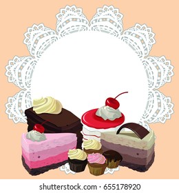 Happy birthday greeting card. Decorative frame with openwork round border, paper doily under the cake. Different sweets: cheesecake, cupcake with cream, chocolate and cherry.