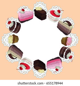 Happy birthday greeting card. Decorative frame with openwork round border, paper doily under the cake. Different sweets: cheesecake, cupcake with cream, chocolate and cherry.