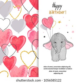 Happy Birthday greeting card design with cute elephant and heart balloons. Vector illustration for kids.