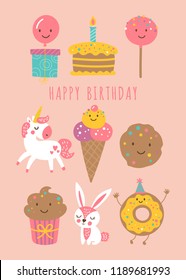 Happy birthday greeting card design with cake, ice cream, unicorn and bunny. Vector illustration