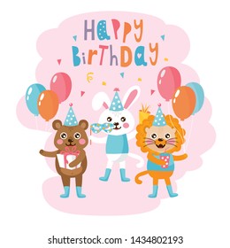 Happy Birthday greeting card design. Invitation template with cute animals.  Bear, rabbit and lion celebrate Birthday. For Baby Shower, party, invitation.