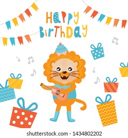 Happy Birthday greeting card design. Invitation template with cute animal.  Lion celebrating Birthday. For Baby Shower, party, invitation.