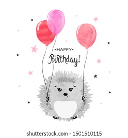 Happy Birthday greeting card design with cute hedgehog and balloons