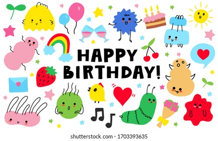Happy birthday greeting card design with cute little monsters and festive icons