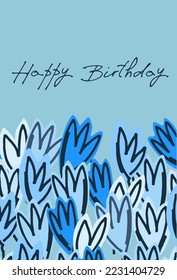 Happy Birthday greeting card design with had drawn tuilps and hand-lettered greeting phrase. Isolated and like-gold