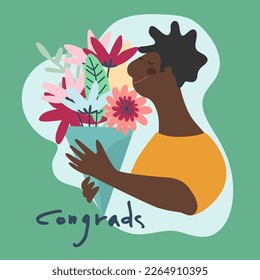 Happy Birthday greeting card design. Young man with a bouquet of flowers and handwritten signature Congrads on a bright background. Template for IG, web, postcard, social network