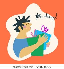 Happy Birthday greeting card design. Young man with a presents of flowers and handwritten signature Happy Birthday on a bright background. Template for IG, web, postcard, social network