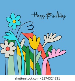 Happy Birthday greeting card design with flowers in trendy retro style and handwritten signature Happy Birthday on a bright background. Template for IG, web, postcard, social network