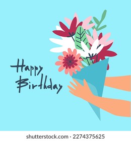 Happy Birthday greeting card design with flowers in trendy retro style and handwritten signature Happy Birthday on a bright background. Template for IG, web, postcard, social network