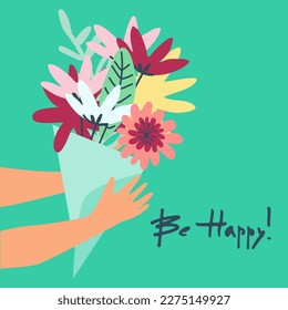 Happy Birthday greeting card design. Hands with a bouquet of flowers and handwritten signature Happy Birthday on a bright background. Template for IG, web, postcard, social network