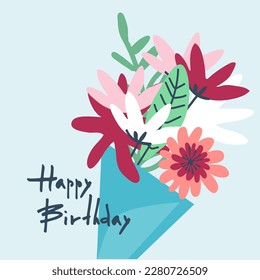 Happy Birthday greeting card design with flowers in trendy retro style and handwritten signature Happy Birthday on a bright background. Template for IG, web, postcard, social network
