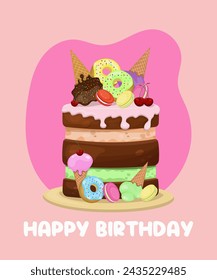 Happy birthday greeting card design. Cake for birthday, wedding, party, holiday, baby shower, event. Chocolate cake with ice-cream, donuts, macaroni and cherry. Hand-drawn vector illustration