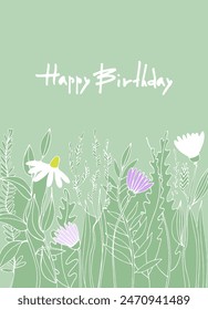 Happy Birthday greeting card design with flowers in trendy style and handwritten signature Happy Birthday on a bright background. Template for IG, web, postcard, social network