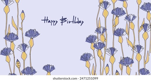 Happy Birthday greeting card design with flowers in trendy style and handwritten signature Happy Birthday on a bright background. Template for IG, web, postcard, social network
