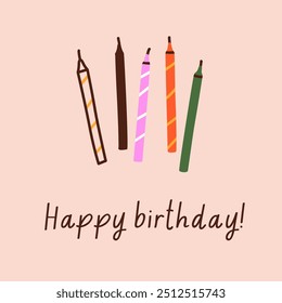 Happy birthday, greeting card design with festive candles. Modern square postcard for b-day celebration party. Bday anniversary holiday post background in trendy style. Flat vector illustration