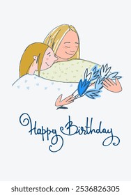 Happy Birthday greeting card design with with a woman and a boy who look at the sky together in retro style and handwritten signature Happy Birthday Template for IG, web, postcard, social network