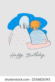 Happy Birthday greeting card design with with a woman and a boy who look at the sky together in retro style and handwritten signature Happy Birthday Template for IG, web, postcard, social network