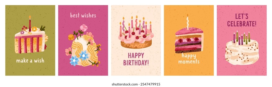 Happy birthday, greeting card design. Sweet festive cake with candle and decoration, b-day holiday postcards. Modern bday party templates with phrases, set in trendy style. Flat vector illustrations