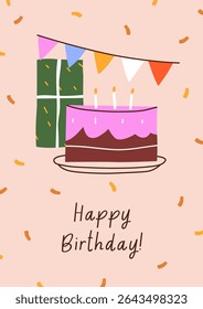 Happy Birthday, greeting card design. Cozy celebration with cake and candles, confetti, postcard. Sweet holiday dessert, bunting flag garland, festive b-day party, poster. Flat vector illustration