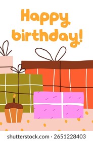 Happy Birthday, greeting card design with holiday gifts and candle in cupcake. Festive postcard background, typography, wrapped present boxes, bows for party. Flat vector illustration in modern style