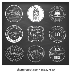 Happy Birthday Greeting Card Design Elements, Badges and Labels in Vintage Style