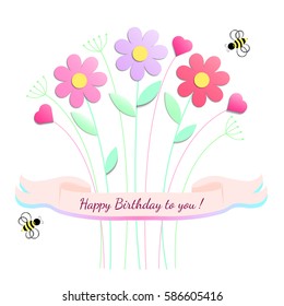 Happy Birthday. Greeting card design with flowers and bee. Vector illustration