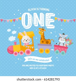 Happy Birthday greeting card design. Invitation template with cute animals. Letters "One" and kids illustration. Little rabbit, giraffe and zebra ride on a toy train.