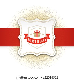 Happy Birthday Greeting Card Design Vector Template. Vintage typographic Birthday badge or label with wish message and decoration elements on golden confetti background. Eps 10.