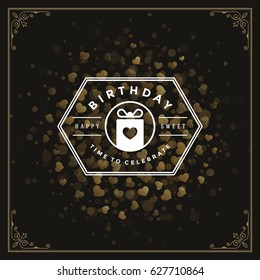 Happy Birthday Greeting Card Design Vector Template. Vintage typographic Birthday badge or label with wish message and decoration elements on golden confetti background. Eps 10.