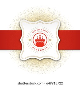 Happy birthday greeting card design vector illustration. Vintage typographic Birthday badge or label with wish message and decoration elements on golden confetti background. Eps 10.