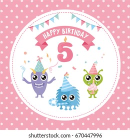 Happy Birthday greeting card design. Frame with cute monster character. Birthday anniversary numbers. Invitation for kids party.