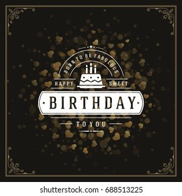 Happy birthday greeting card design vector illustration on golden confetti background. 