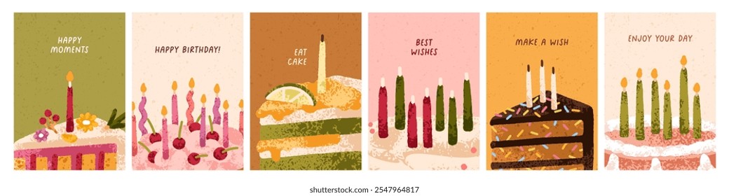 Happy Birthday, greeting card designs set. Sweet holiday cake pieces with festive candle and trendy decoration. Modern postcard templates, vertical backgrounds with pastry. Flat vector illustration