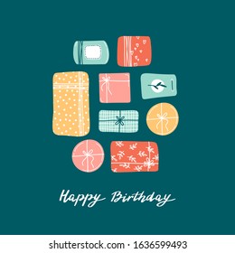 Happy birthday greeting card with different gift boxes and lettering isolated on colorful background. Celebration, birthday concept. Hand drawn flat cartoon illustration.