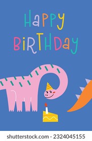 Tarjeta de felicitación de cumpleaños con dinosaurios, letras escritas a mano con composición de dibujo infantil, diplodocumentos sonrientes en sombrero de fiesta, pastel de cumpleaños de dinosaurio, postal divertida con felicitaciones