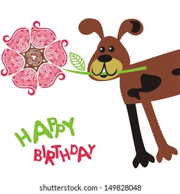 Happy birthday greeting card dog with flower vector illustration