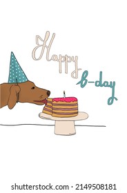 happy birthday greeting card with dog and cake on white background vector illustration 