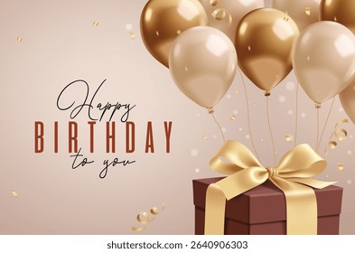 Happy birthday greeting card elegant clipart design. Birthday gift box and balloons floating in bronze gold elegant color for invitation and wishes invitation background vector illustration. 
