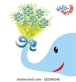 Happy birthday greeting card elephant with flowers vector illustration