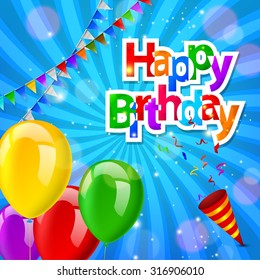 Happy Birthday greeting card with exploding confetti popper