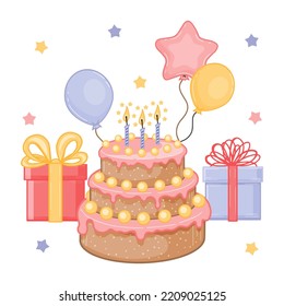 Happy birthday greeting card with festive elements. Cake, balloon, gift box. Vector illustration. Cartoon style.