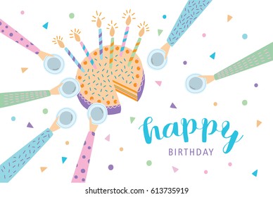 Happy birthday greeting card. Festive cake with candles. Vector illustration, cartoon postcard.