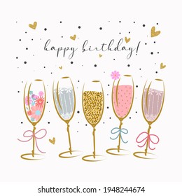 Happy Birthday greeting card. Five glasses with various champagne