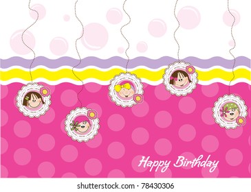 happy birthday greeting card with five little girls
