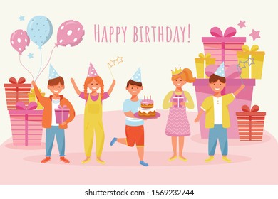 Happy birthday greeting card flat vector template. Joyful children holiday celebration. Kids party. Postcard, invitation design layout. Poster, banner, print with cartoon characters and lettering