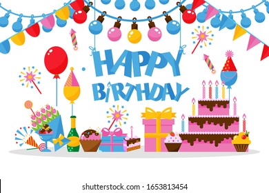 平らなスタイルの誕生日記念カード ベクターイラスト 誕生会 ケーキ ギフトボックス お菓子 風船のシンボル 祭日の背景にタイポグラフィーポスターテンプレート パーティーのお祝い のベクター画像素材 ロイヤリティフリー Shutterstock