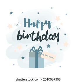 Happy birthday greeting card. Flat vector illustration with gift and stars on a background
