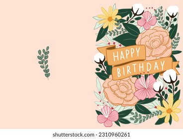 Happy birthday greeting card floral spring cheerful vibe soft romantic feeling