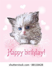 Happy birthday greeting card with  fluffy  little  kitten on the pink background.